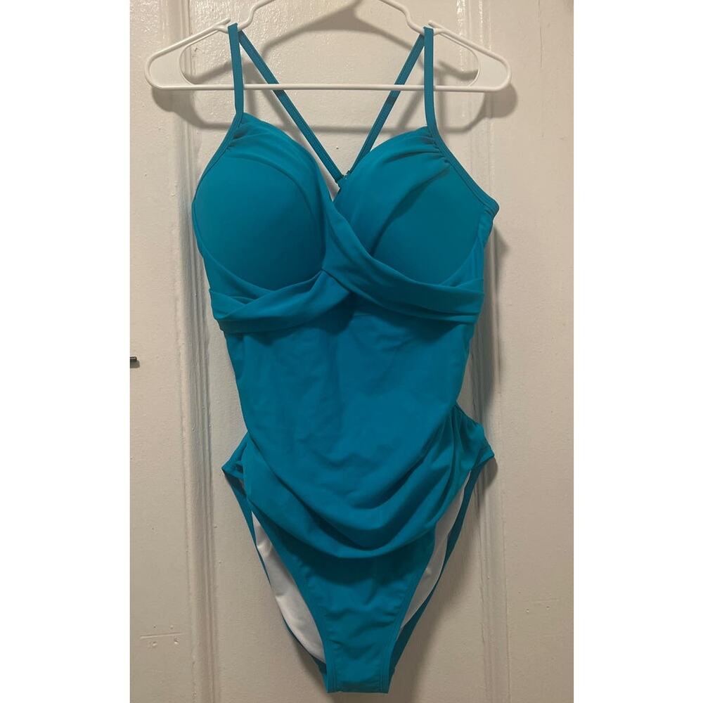 Aqua One-Piece Ruched Criss Cross Back Swimsuit NWT Size 16